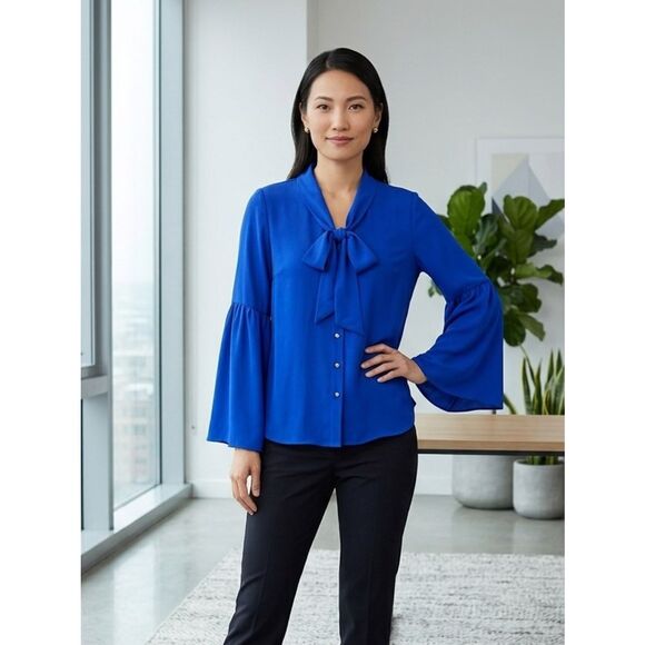 Tahari Tops - TAHARI Career Wear Bell Sleeves Button Down Front Tie Blouse Royal Blue Size S